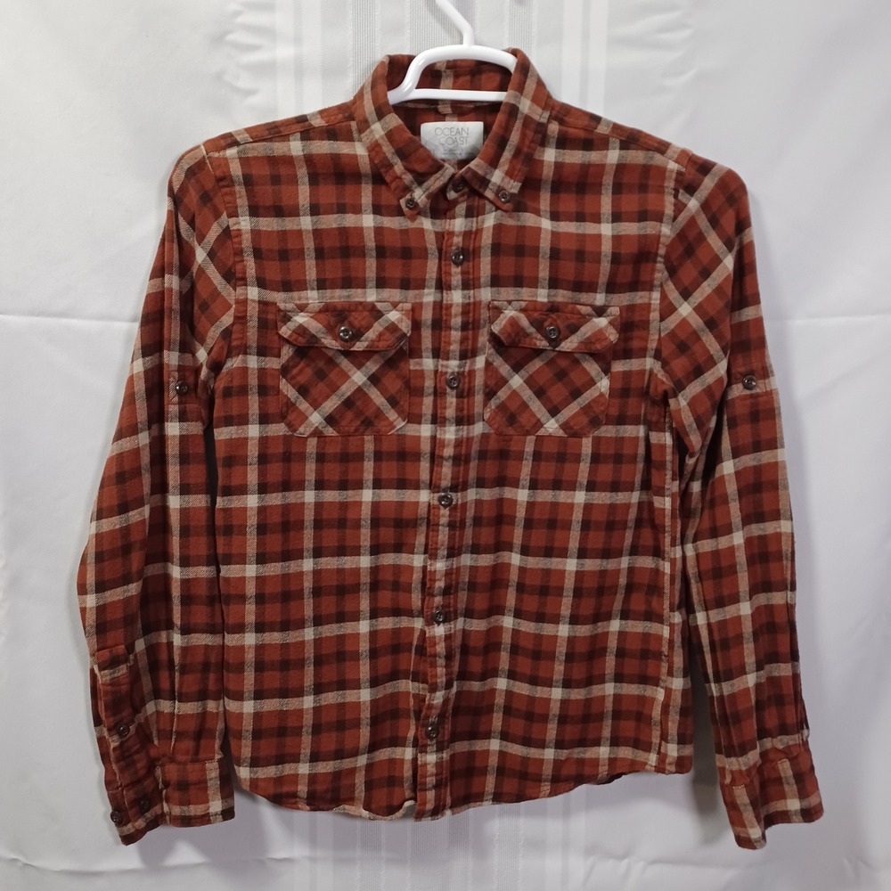 Ocean Coast Flannel Shirt Boys XL Orange Brown Plaid Button Down Cotton 43522FA